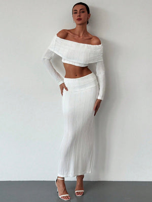 Off - Shoulder Cropped Sleeve Textured Blouse + High - Waist Textured Skirt Set For Date, - Negative Apparel