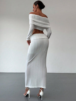 Off - Shoulder Cropped Sleeve Textured Blouse + High - Waist Textured Skirt Set For Date, - Negative Apparel