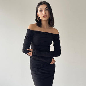 Off - shoulder one - shoulder sexy tight pleated side slit dress - Negative Apparel
