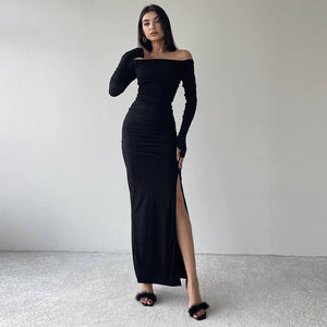 Off - shoulder one - shoulder sexy tight pleated side slit dress - Negative Apparel
