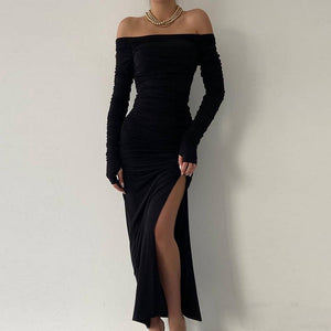 Off - shoulder one - shoulder sexy tight pleated side slit dress - Negative Apparel