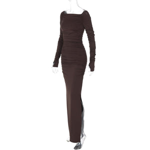 Off - shoulder one - shoulder sexy tight pleated side slit dress - Negative Apparel