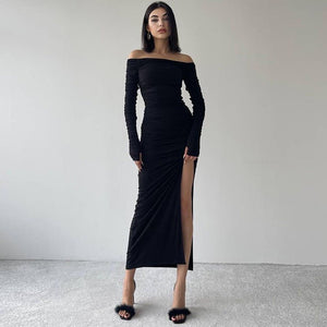 Off - shoulder one - shoulder sexy tight pleated side slit dress - Negative Apparel