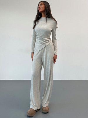 Off Shoulder Ruffle Asymmetrical Hem Blouse And Straight - Leg Pants, Apricot Color Casual/Work Wear - Negative Apparel