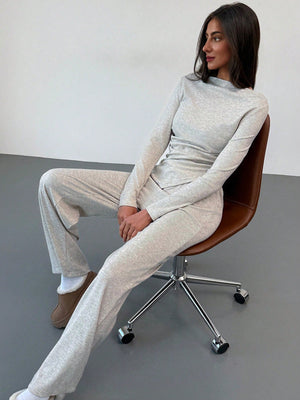 Off Shoulder Ruffle Asymmetrical Hem Blouse And Straight - Leg Pants, Apricot Color Casual/Work Wear - Negative Apparel