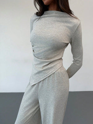 Off Shoulder Ruffle Asymmetrical Hem Blouse And Straight - Leg Pants, Apricot Color Casual/Work Wear - Negative Apparel