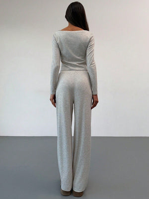 Off Shoulder Ruffle Asymmetrical Hem Blouse And Straight - Leg Pants, Apricot Color Casual/Work Wear - Negative Apparel