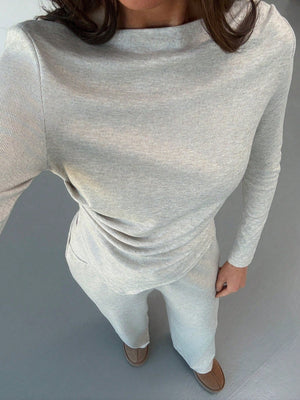 Off Shoulder Ruffle Asymmetrical Hem Blouse And Straight - Leg Pants, Apricot Color Casual/Work Wear - Negative Apparel