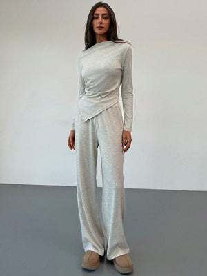 Off Shoulder Ruffle Asymmetrical Hem Blouse And Straight - Leg Pants, Apricot Color Casual/Work Wear - Negative Apparel