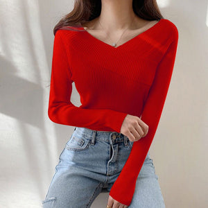 Off - shoulder solid color slim - fitting inner V - neck one - word shoulder knitted sweater autumn and winter sweater women's bottom long - sleeved top - Negative Apparel