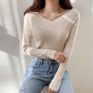 Off - shoulder solid color slim - fitting inner V - neck one - word shoulder knitted sweater autumn and winter sweater women's bottom long - sleeved top - Negative Apparel
