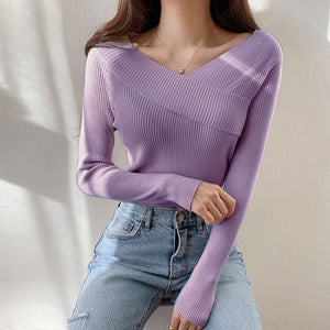 Off - shoulder solid color slim - fitting inner V - neck one - word shoulder knitted sweater autumn and winter sweater women's bottom long - sleeved top - Negative Apparel