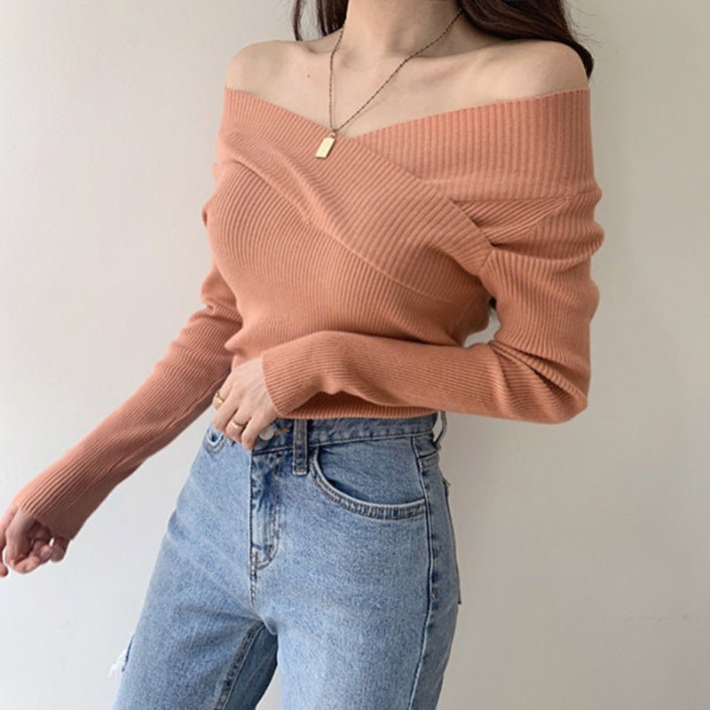Off - shoulder solid color slim - fitting inner V - neck one - word shoulder knitted sweater autumn and winter sweater women's bottom long - sleeved top - Negative Apparel