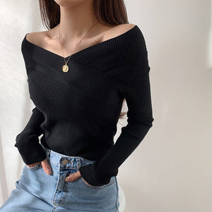 Off - shoulder solid color slim - fitting inner V - neck one - word shoulder knitted sweater autumn and winter sweater women's bottom long - sleeved top - Negative Apparel