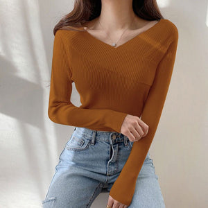 Off - shoulder solid color slim - fitting inner V - neck one - word shoulder knitted sweater autumn and winter sweater women's bottom long - sleeved top - Negative Apparel