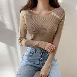 Off - shoulder solid color slim - fitting inner V - neck one - word shoulder knitted sweater autumn and winter sweater women's bottom long - sleeved top - Negative Apparel