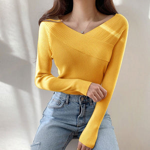 Off - shoulder solid color slim - fitting inner V - neck one - word shoulder knitted sweater autumn and winter sweater women's bottom long - sleeved top - Negative Apparel