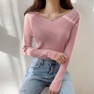 Off - shoulder solid color slim - fitting inner V - neck one - word shoulder knitted sweater autumn and winter sweater women's bottom long - sleeved top - Negative Apparel