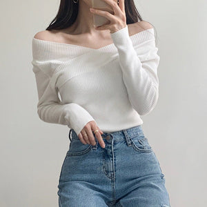 Off - shoulder solid color slim - fitting inner V - neck one - word shoulder knitted sweater autumn and winter sweater women's bottom long - sleeved top - Negative Apparel
