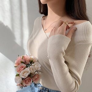 Off - shoulder solid color slim - fitting inner V - neck one - word shoulder knitted sweater autumn and winter sweater women's bottom long - sleeved top - Negative Apparel