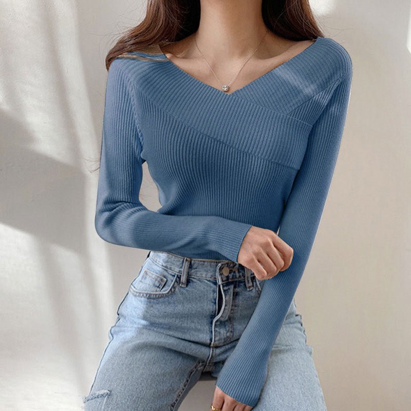 Off - shoulder solid color slim - fitting inner V - neck one - word shoulder knitted sweater autumn and winter sweater women's bottom long - sleeved top - Negative Apparel
