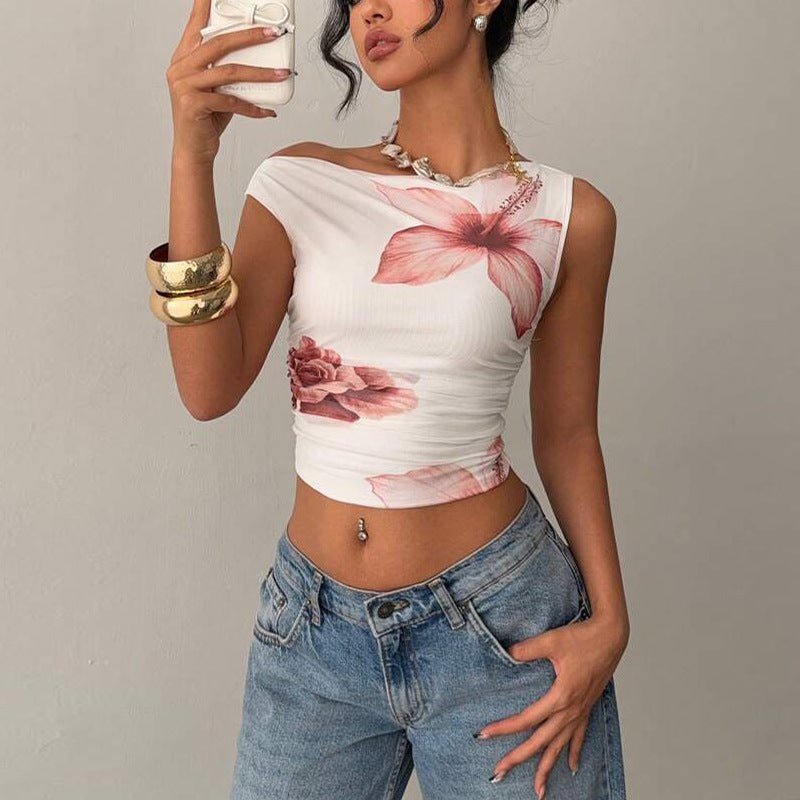 off - shoulder T-shirt 2025 summer new sleeveless slim fit top short women - Negative Apparel