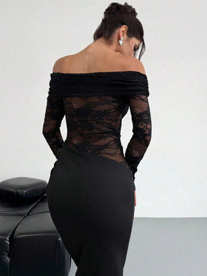 Off Shoulder Textured Mesh Sheer Gathered Low - Waist Bodycon Red Maxi Dress FD - Negative Apparel