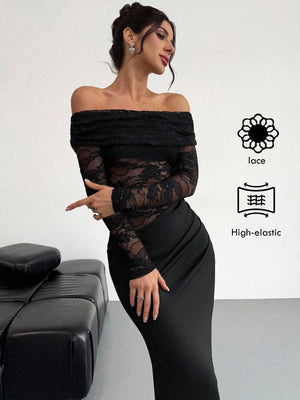 Off Shoulder Textured Mesh Sheer Gathered Low - Waist Bodycon Red Maxi Dress FD - Negative Apparel