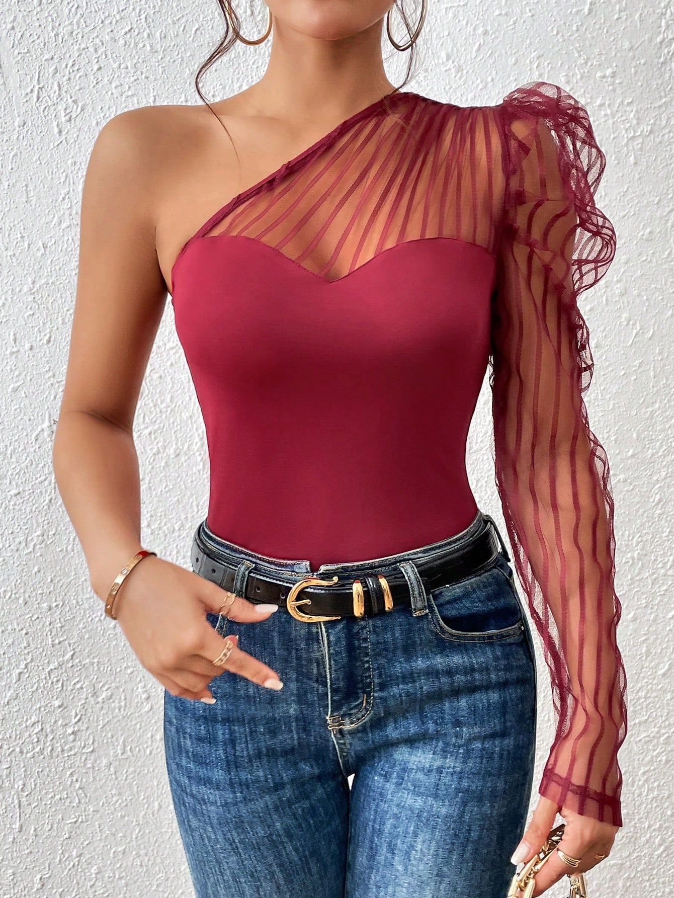 One Shoulder Contrast Mesh Top - Negative Apparel