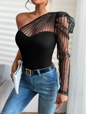 One Shoulder Contrast Mesh Top - Negative Apparel