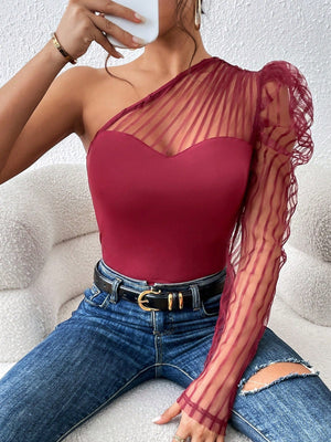 One Shoulder Contrast Mesh Top - Negative Apparel