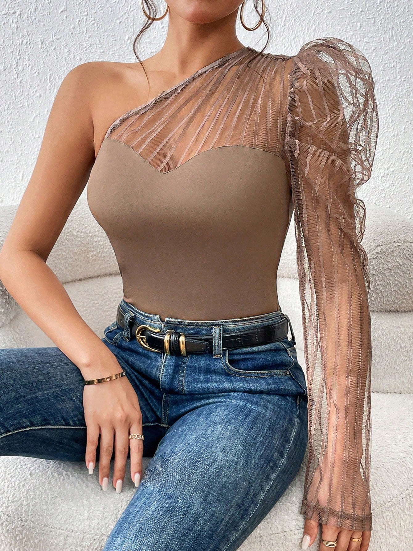 One Shoulder Contrast Mesh Top - Negative Apparel