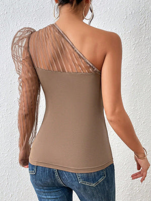 One Shoulder Contrast Mesh Top - Negative Apparel