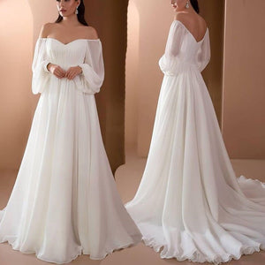 One - shoulder wedding party long - sleeved dress solid color chiffon long dress - Negative Apparel
