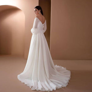 One - shoulder wedding party long - sleeved dress solid color chiffon long dress - Negative Apparel