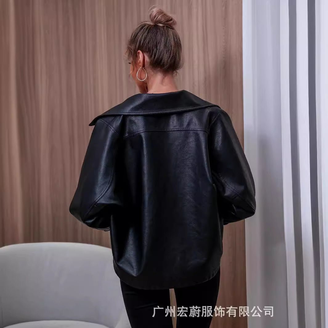 Oversized PU Leather Jacket â Womenâs Faux Leather Lapel Coat | Lace - Up Socialite Style Streetwear - Negative Apparel