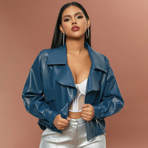 Oversized PU Leather Jacket â Womenâs Faux Leather Lapel Coat | Lace - Up Socialite Style Streetwear - Negative Apparel