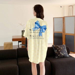 pajamas women's satin chiffon cardigan short - sleeved pajamas ice silk shirt skirt loungewear SQ3525 - Negative Apparel