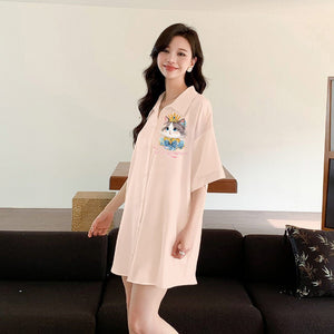 pajamas women's satin chiffon cardigan short - sleeved pajamas ice silk shirt skirt loungewear SQ3525 - Negative Apparel