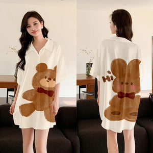 pajamas women's satin chiffon cardigan short - sleeved pajamas ice silk shirt skirt loungewear SQ3525 - Negative Apparel