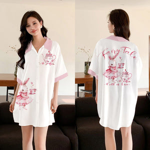 pajamas women's satin chiffon cardigan short - sleeved pajamas ice silk shirt skirt loungewear SQ3525 - Negative Apparel