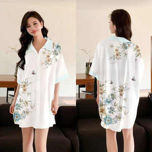 pajamas women's satin chiffon cardigan short - sleeved pajamas ice silk shirt skirt loungewear SQ3525 - Negative Apparel