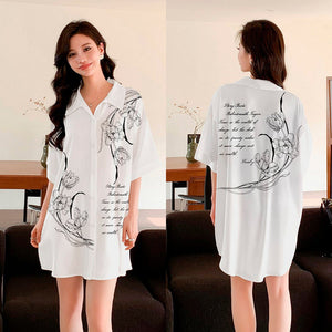 pajamas women's satin chiffon cardigan short - sleeved pajamas ice silk shirt skirt loungewear SQ3525 - Negative Apparel