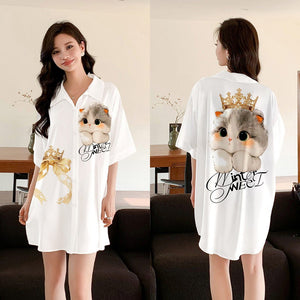 pajamas women's satin chiffon cardigan short - sleeved pajamas ice silk shirt skirt loungewear SQ3525 - Negative Apparel