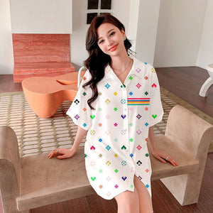 pajamas women's satin chiffon cardigan short - sleeved pajamas ice silk shirt skirt loungewear SQ3525 - Negative Apparel