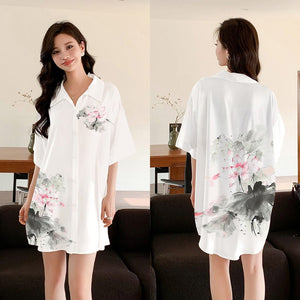 pajamas women's satin chiffon cardigan short - sleeved pajamas ice silk shirt skirt loungewear SQ3525 - Negative Apparel