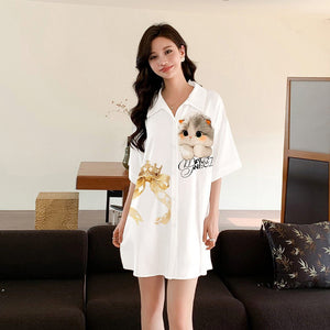 pajamas women's satin chiffon cardigan short - sleeved pajamas ice silk shirt skirt loungewear SQ3525 - Negative Apparel
