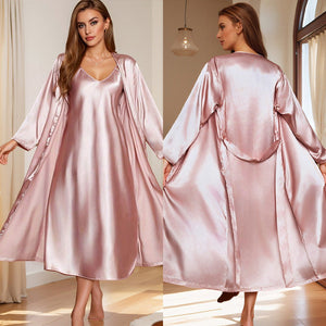 pajamas women's spring and summer loose suspender skirt bathrobe loungewear fashion nightgown set WP22108 - Negative Apparel
