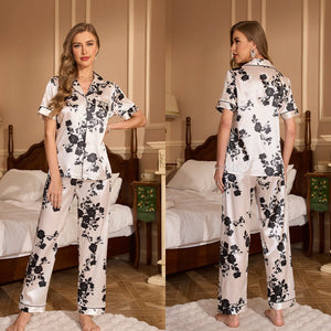 pajamas women's summer casual fashion short - sleeved trousers set printed lapel TZ3431 - Negative Apparel