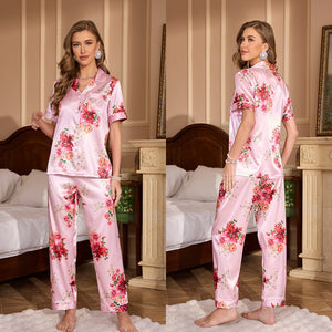 pajamas women's summer casual fashion short - sleeved trousers set printed lapel TZ3431 - Negative Apparel
